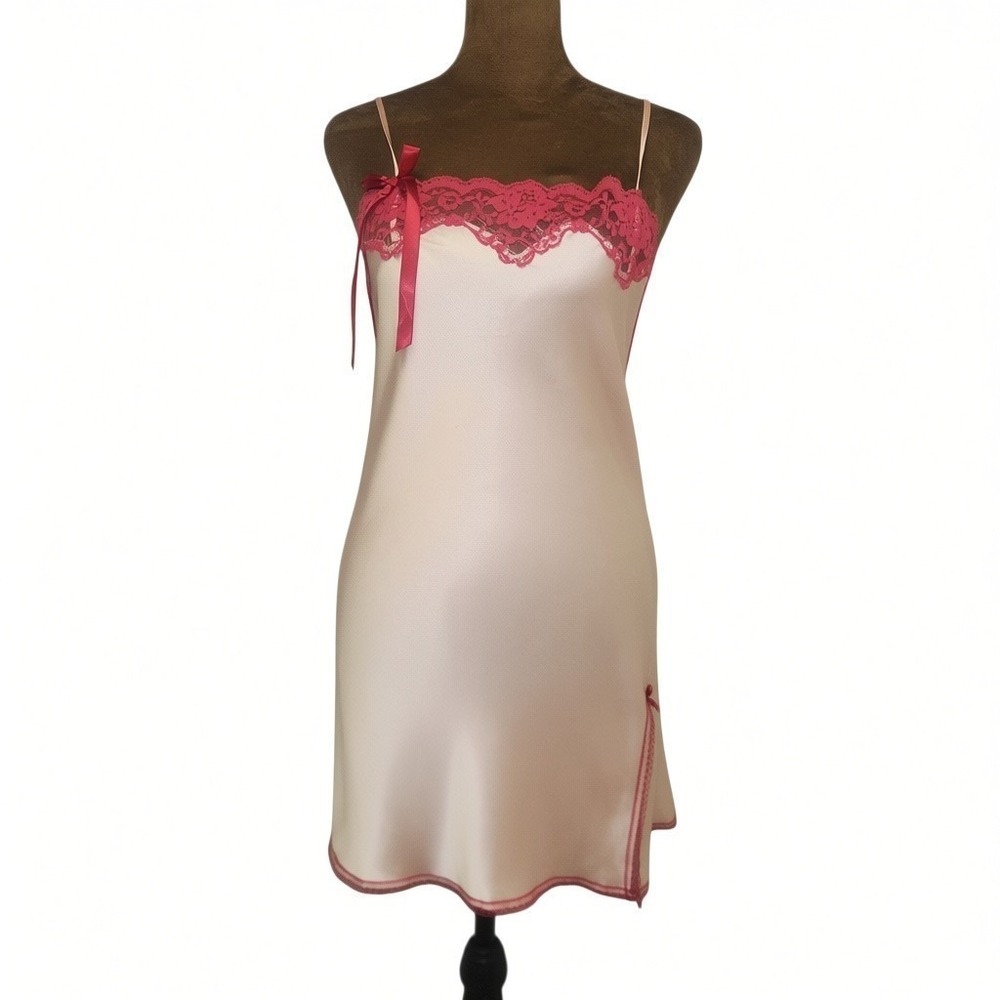 Vintage Y2K Victoria's Secret Pink Satin Lace Slip Nightgown Chemise Coquette XS